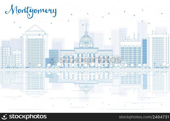 Outline Montgomery skyline with blue buildings and reflections. Vector illustration. Business travel and tourism concept with place for text. Image for presentation, banner, placard and web site.