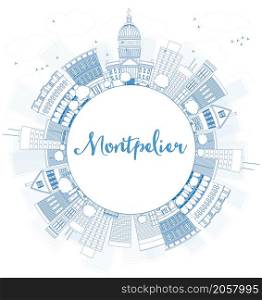 Outline Montpelier (Vermont) city skyline with blue buildings and copy space. Business travel and tourism concept with place for text. Image for presentation, banner, placard. Vector illustration