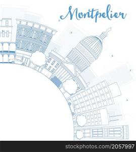 Outline Montpelier (Vermont) city skyline with blue buildings and copy space. Business travel and tourism concept with place for text. Image for presentation, banner, placard. Vector illustration