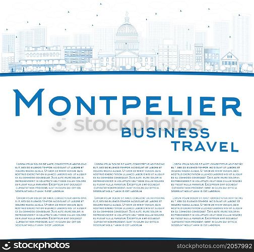 Outline Montpelier (Vermont) city skyline with blue buildings and copy space. Business travel concept. Vector illustration