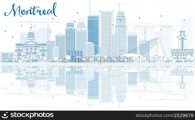 Outline Montreal skyline with Blue buildings and reflection. Vector illustration. Business travel and tourism concept with place for text. Image for presentation, banner, placard and web site.