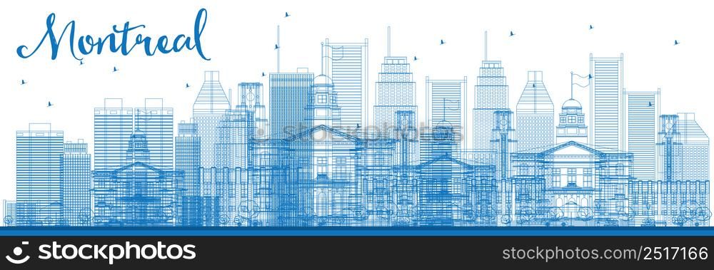 Outline Montreal skyline with blue buildings. Vector illustration. Business travel and tourism concept with modern buildings. Image for presentation, banner, placard and web site.