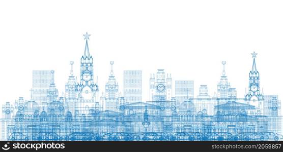 Outline Moscow City Skyscrapers and famous buildings in blue color Vector illustration