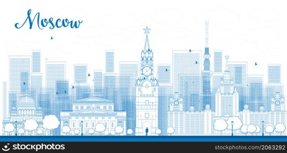 Outline Moscow City Skyscrapers and famous buildings in blue color Vector illustration