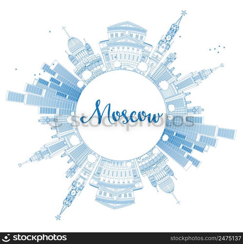 Outline Moscow Skyline with Blue Landmarks and Copy Space. Vector Illustration. Business Travel and Tourism Concept with Historic Buildings. Image for Presentation, Banner, Placard and Web Site.