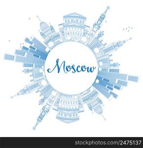 Outline Moscow Skyline with Blue Landmarks and Copy Space. Vector Illustration. Business Travel and Tourism Concept with Historic Buildings. Image for Presentation, Banner, Placard and Web Site.