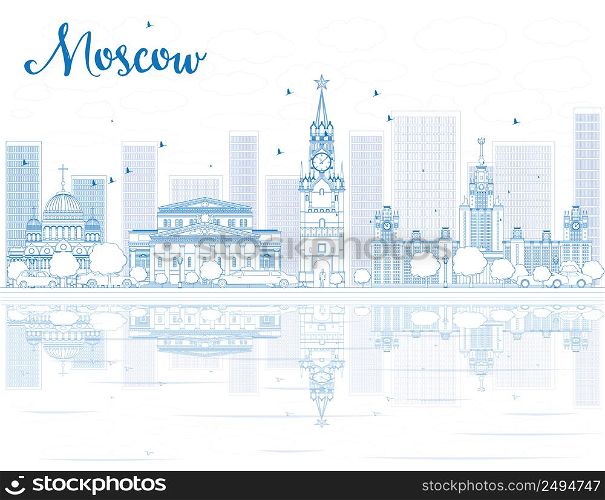 Outline Moscow skyline with blue landmarks. Vector illustration. Business travel and tourism concept with historic buildings. Image for presentation, banner, placard and web site.