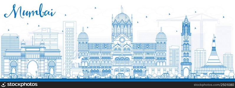 Outline Mumbai Skyline with Blue Landmarks. Vector Illustration. Business Travel and Tourism Concept with Historic Buildings. Image for Presentation Banner Placard and Web Site.