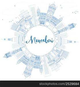 Outline Mumbai Skyline with Blue Landmarks. Vector Illustration. Business Travel and Tourism Concept with Copy Space. Image for Presentation Banner Placard and Web Site.