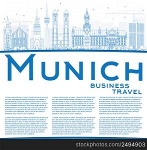 Outline Munich Skyline with Blue Buildings and Copy Space. Vector Illustration. Business Travel and Tourism Concept with Historic Architecture. Image for Presentation Banner Placard and Web Site.
