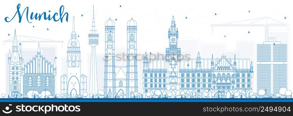 Outline Munich Skyline with Blue Buildings. Vector Illustration. Business Travel and Tourism Concept with Historic Architecture. Image for Presentation Banner Placard and Web Site.