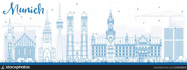 Outline Munich Skyline with Blue Buildings. Vector Illustration. Business Travel and Tourism Concept with Historic Architecture. Image for Presentation Banner Placard and Web Site.