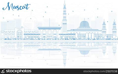 Outline Muscat Skyline with Blue Buildings and Reflections. Vector illustration. Business Travel and Tourism Concept with Historic Buildings. Image for Presentation Banner Placard and Web Site.
