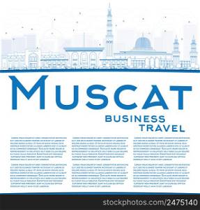 Outline Muscat Skyline with Blue Buildings. Vector illustration. Business Travel and Tourism Concept with Copy Space. Image for Presentation Banner Placard and Web Site.