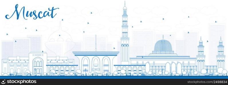Outline Muscat Skyline with Blue Buildings. Vector illustration. Business Travel and Tourism Concept with Historic Buildings. Image for Presentation Banner Placard and Web Site.