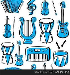 Outline musical instruments seamless pattern, vector isolated on white background silhouettes, simple hand drawn doodle icons.