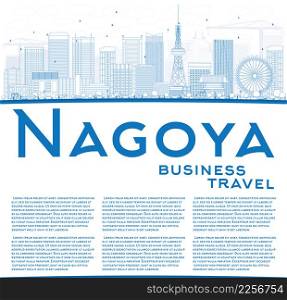 Outline Nagoya Skyline with Blue Buildings and Copy Space. Vector Illustration. Business and Tourism Concept with Modern Buildings. Image for Presentation, Banner, Placard or Web Site.