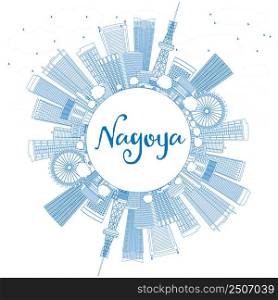 Outline Nagoya Skyline with Blue Buildings and Copy Space. Vector Illustration. Business and Tourism Concept with Modern Buildings. Image for Presentation, Banner, Placard or Web Site.