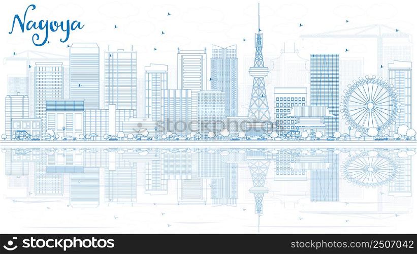 Outline Nagoya Skyline with Blue Buildings and Reflection. Vector Illustration. Business and Tourism Concept with Modern Buildings. Image for Presentation, Banner, Placard or Web Site.