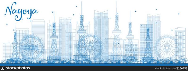 Outline Nagoya Skyline with Blue Buildings. Vector Illustration. Business and Tourism Concept with Modern Buildings. Image for Presentation, Banner, Placard or Web Site.