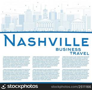 Outline Nashville Skyline with Blue Buildings and Copy Space. Vector Illustration. Business Travel and Tourism Concept with Modern Architecture. Image for Presentation Banner Placard and Web Site.