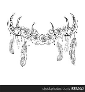Outline native drawing of deer antlers with feathers and roses. Tribal illustration. Vector boho element for cards, frames, invitation, t-shirt printing and your design.. Outline native drawing of deer antlers with feathers and roses. Tribal illustration. Vector boho element