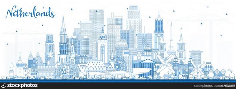 Outline Netherlands Skyline with Blue Buildings. Vector Illustration. Tourism Concept with Historic Architecture. Cityscape with Landmarks. Amsterdam. Rotterdam. The Hague. Utrecht.