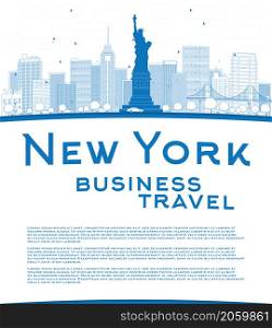 Outline New York city skyline with blue buildings and copy space. Business travel concept. Vector illustration