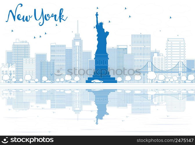 Outline New York city skyline with blue buildings. Vector illustration. Business travel and tourism concept with place for text. Image for presentation, banner, placard and web site