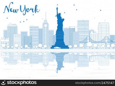 Outline New York city skyline with blue buildings. Vector illustration. Business travel and tourism concept with place for text. Image for presentation, banner, placard and web site