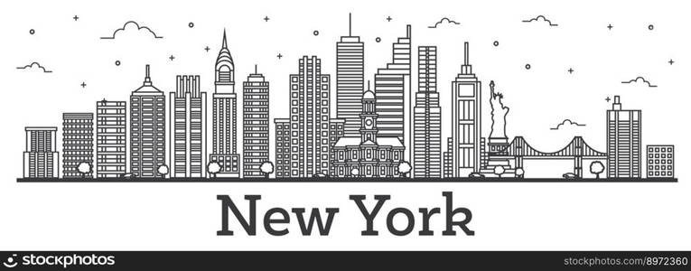 Outline New York USA City Skyline with Modern Buildings Isolated on White. Vector Illustration. New York Cityscape with Landmarks.