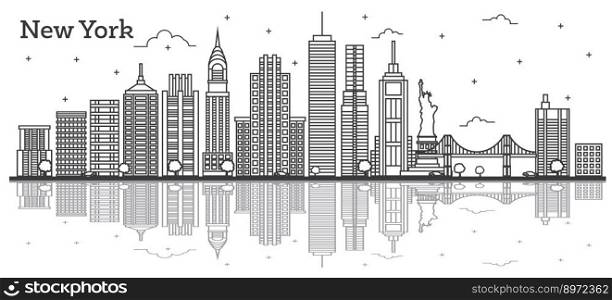 Outline New York USA City Skyline with Modern Buildings Isolated on White. Vector Illustration. New York Cityscape with Landmarks with Reflections.