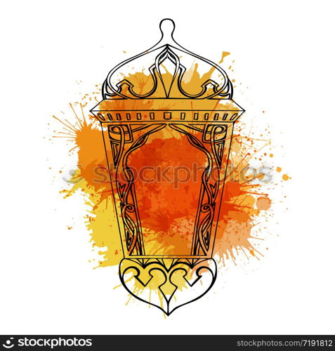 Outline of arabic lantern with yellow watercolor splashes. Ramadan lantern. The Muslim festival of Ramadan. Outline of arabic lantern with yellow watercolor splashes. Ramad