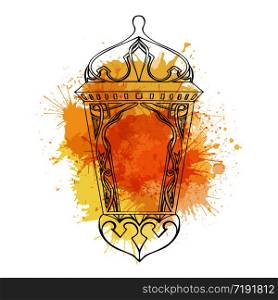 Outline of arabic lantern with yellow watercolor splashes. Ramadan lantern. The Muslim festival of Ramadan. Outline of arabic lantern with yellow watercolor splashes. Ramad