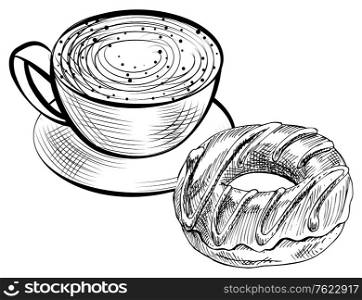 Outline of cappuccino and donut on white, bakery and java. Sketch of caffeine drink and chocolate dessert, tasty food with espresso beverage, shop vector. Sketch of Coffee Drink and Donut Dessert Vector
