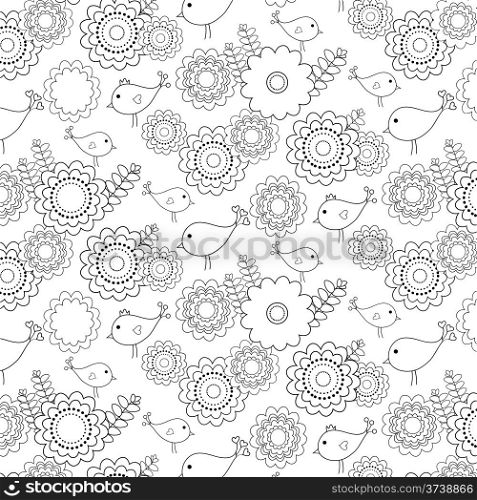 Outline of floral pattern. Cute doodle floral seamless pattern with birds.