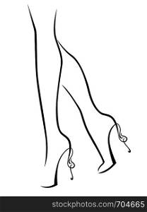Outline of graceful female feet in shoes with abstract high heels, black over white vector artwork