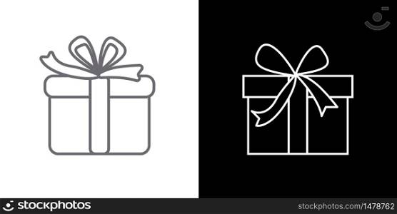 Outline of the gift. Vector image of christmas present. Box depicted by lines on a black and white background.