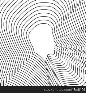 outline of the silhouette of a man&rsquo;s face, increasing in size. Split personality. Flat style.