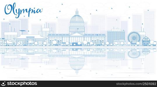 Outline Olympia skyline with blue buildings and reflections. Vector illustration. Business travel and tourism concept with place for text. Image for presentation, banner, placard and web site.