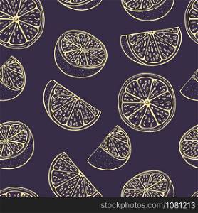 Outline orange fruit seamless pattern for textile. Natural background. Retro collection for print design. Seamless drawing vector background.. Outline orange fruit seamless pattern