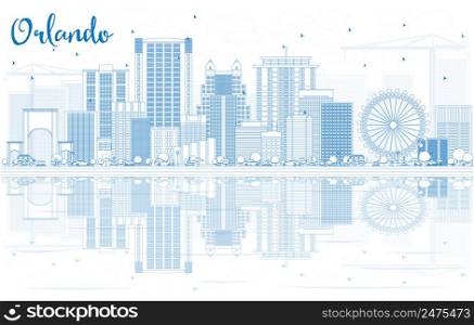 Outline Orlando Skyline with Blue Buildings and Reflections. Vector Illustration. Business Travel and Tourism Concept with Modern Architecture. Image for Presentation Banner Placard and Web Site.