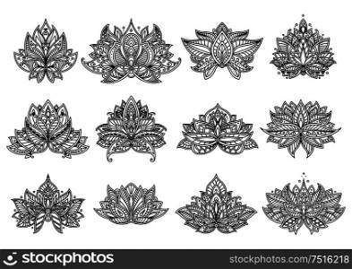 Outline ornamental paisley flowers and mandala with persian stylized curved petals and leaves. Floral design elements set. Paisley flowers and mandala set