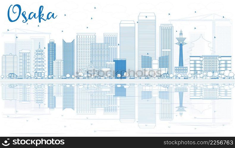 Outline Osaka Skyline with Blue Buildings and Reflections. Vector Illustration. Business and Tourism Concept with Modern Buildings. Image for Presentation, Banner, Placard or Web Site.