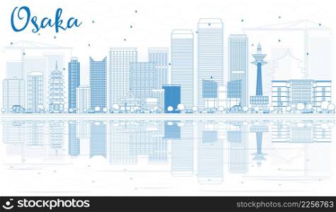 Outline Osaka Skyline with Blue Buildings and Reflections. Vector Illustration. Business and Tourism Concept with Modern Buildings. Image for Presentation, Banner, Placard or Web Site.