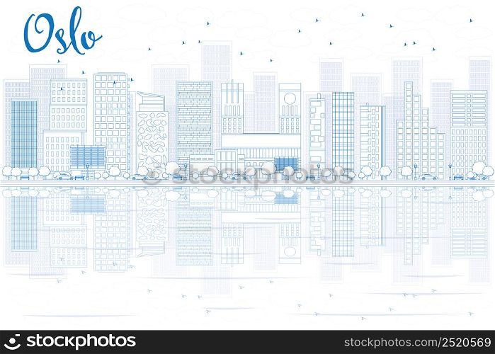 Outline Oslo Skyline with Blue Buildings and reflections. Vector Illustration. Business travel and tourism concept with place for text. Image for presentation, banner, placard and web site.