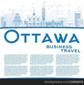 Outline Ottawa Skyline with Blue Buildings and Copy Space. Vector Illustration. Business travel and tourism concept with modern buildings. Image for presentation, banner, placard and web site.