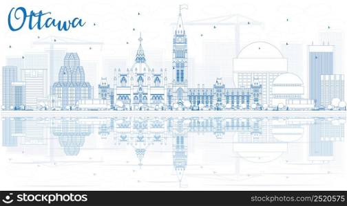 Outline Ottawa Skyline with Blue Buildings and Reflections. Vector Illustration. Business travel and tourism concept with modern buildings. Image for presentation, banner, placard and web site.