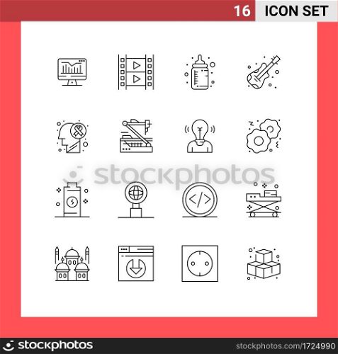 Outline Pack of 16 Universal Symbols of cancer, brain disease, baby, music, guitar Editable Vector Design Elements
