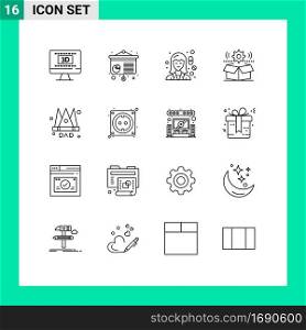 Outline Pack of 16 Universal Symbols of crown, gear, female, wheel, box Editable Vector Design Elements
